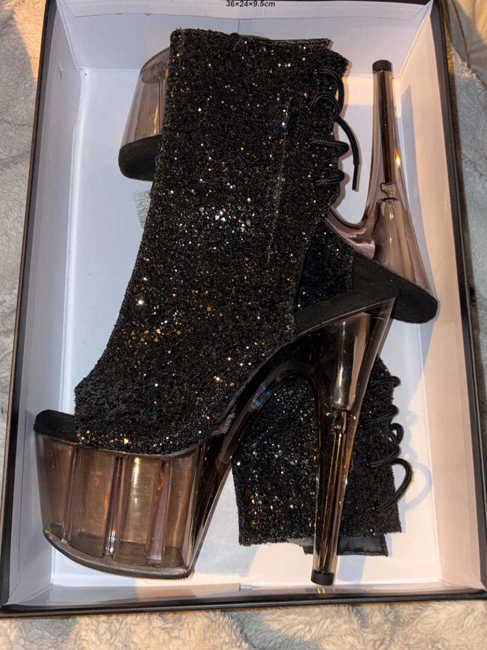 Pleaser Black Glitter Platform Peep-Toe Lace-Up Heels